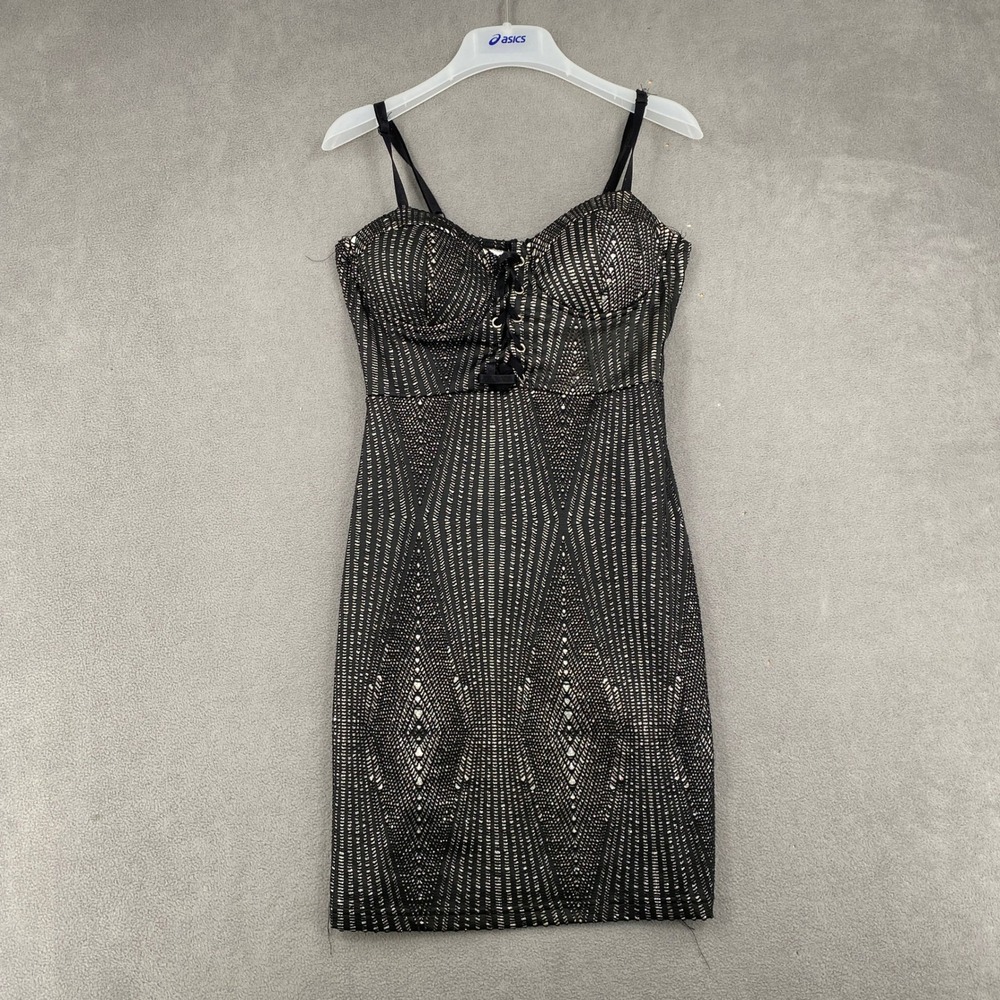 Haute Monde Black White Geometric Lace Up Corset Bodycon Mini Dress Small NEW